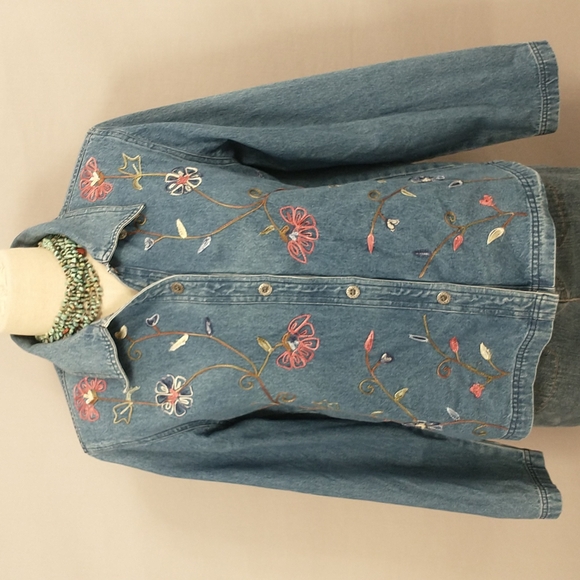 Embroidered Denim Shirt Jacket Vintage Floral Shacket 80s / 90s Blue Jean Cotton - Picture 1 of 12